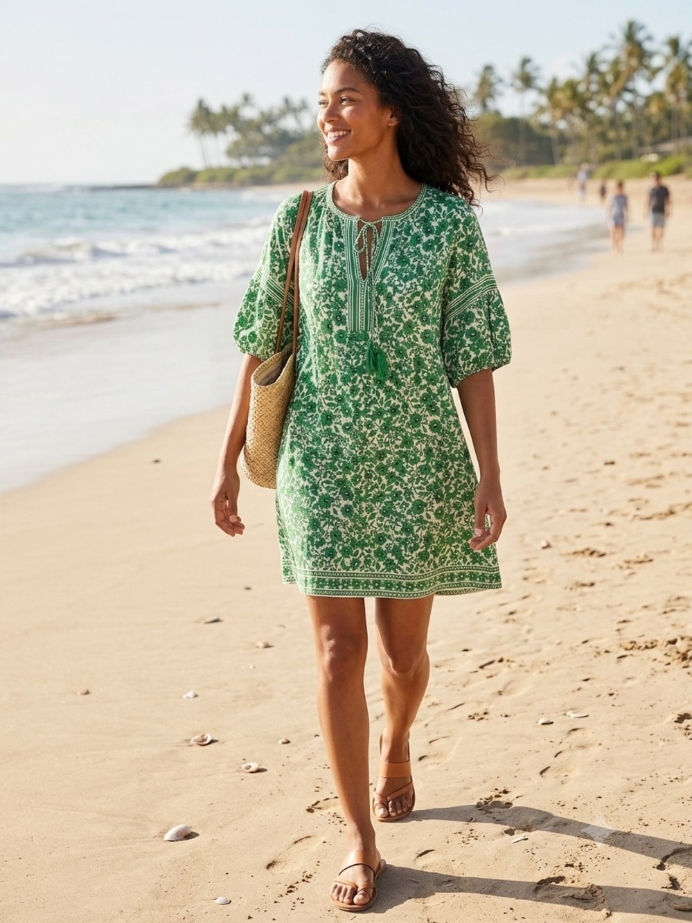 Max Studio Size Small Green and White Floral Tunic Dress Short Sleeve